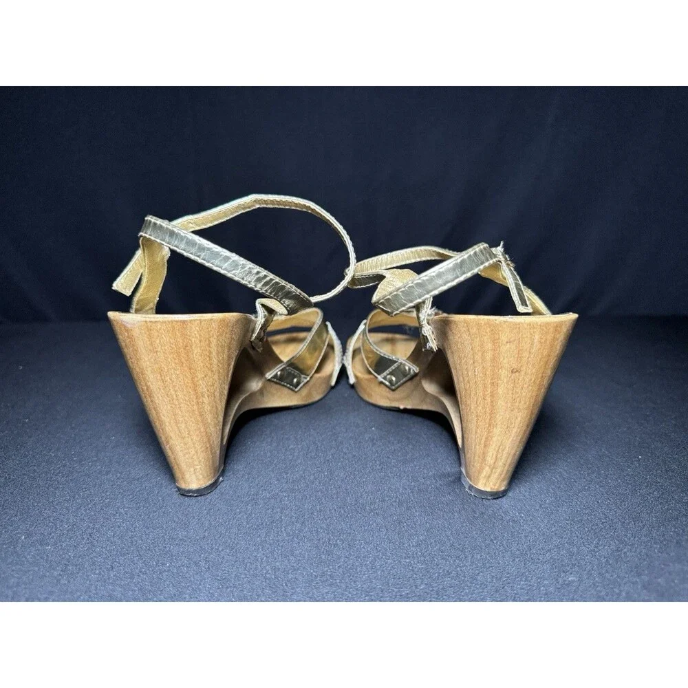 Geena Metallic Gold Cutout Wooden Heels Sandal Rhinestone Y2K Bling Womens 8